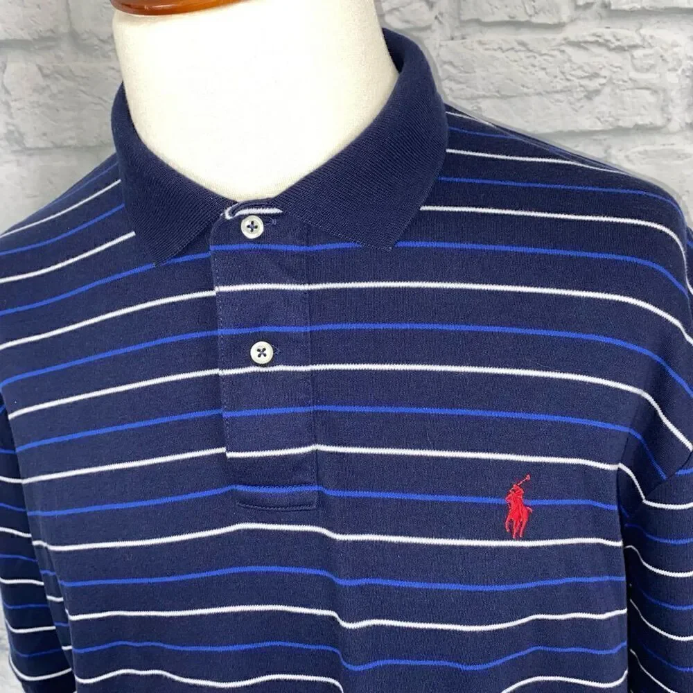 Polo by RL 100% cotton 2 button collar short sleeve stripe polo navy blue sz XXL - Picture 3 of 7